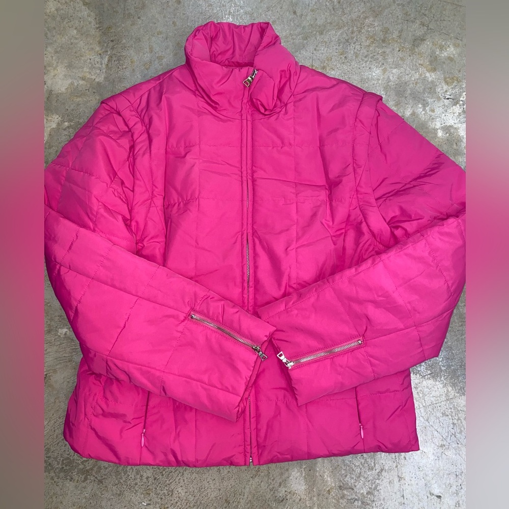 Casual Corner Pink Puffer Jacket with High Collar & Removable Sleeves